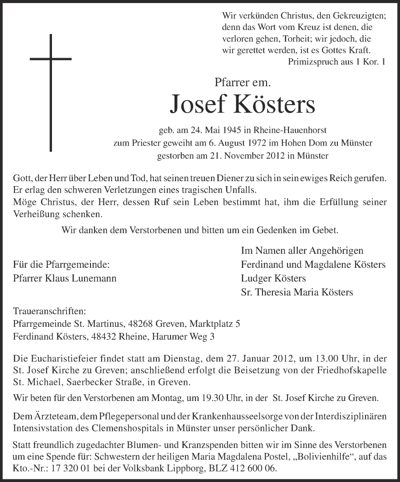  Traueranzeige für Josef Kösters vom 24.11.2012 aus Münstersche Zeitung und Grevener Zeitung