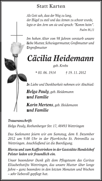 Anzeige von Cäcilia Heidemann von Münstersche Zeitung