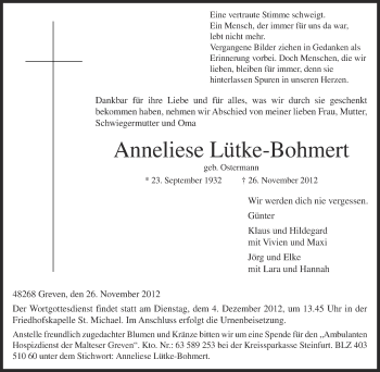 Anzeige von Aanneliese Lütke-Bohmert von Münstersche Zeitung und Grevener Zeitung
