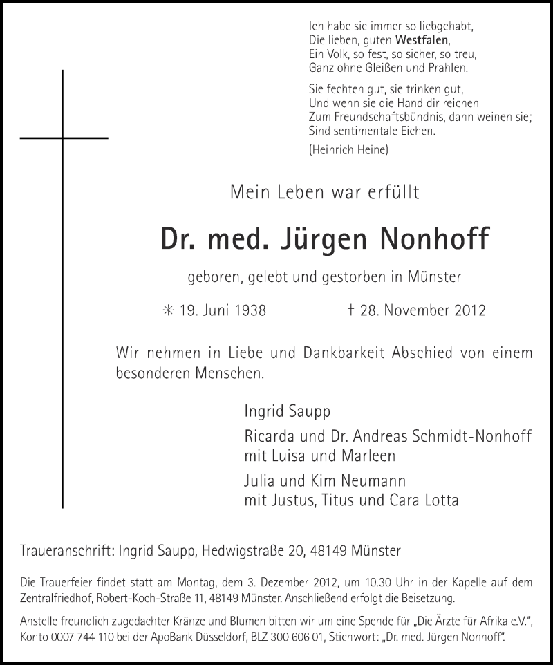  Traueranzeige für Jürgen Nonhoff vom 01.12.2012 aus Münstersche Zeitung und Grevener Zeitung
