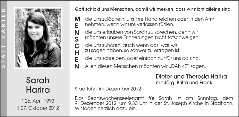  Traueranzeige für Sarah Harira vom 05.12.2012 aus Münstersche Zeitung und Münsterland Zeitung