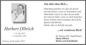 Anzeige von Herbert Olbrich von Münstersche Zeitung und Grevener Zeitung