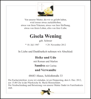 Anzeige von Gisela Wening von Münstersche Zeitung und Münsterland Zeitung
