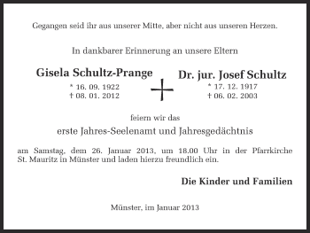 Anzeige von Gisela Schultz-Prange von Münstersche Zeitung und Grevener Zeitung