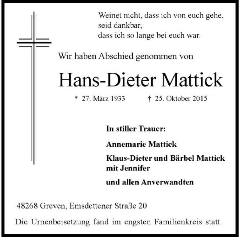  Traueranzeige für Hans-Dieter Mattick vom 04.11.2015 aus Westfälische Nachrichten