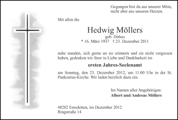 Anzeige von Hedwig Möllers von Münstersche Zeitung und Emsdettener Volkszeitung
