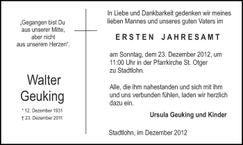 Anzeige von Walter Geuking von Münstersche Zeitung und Münsterland Zeitung