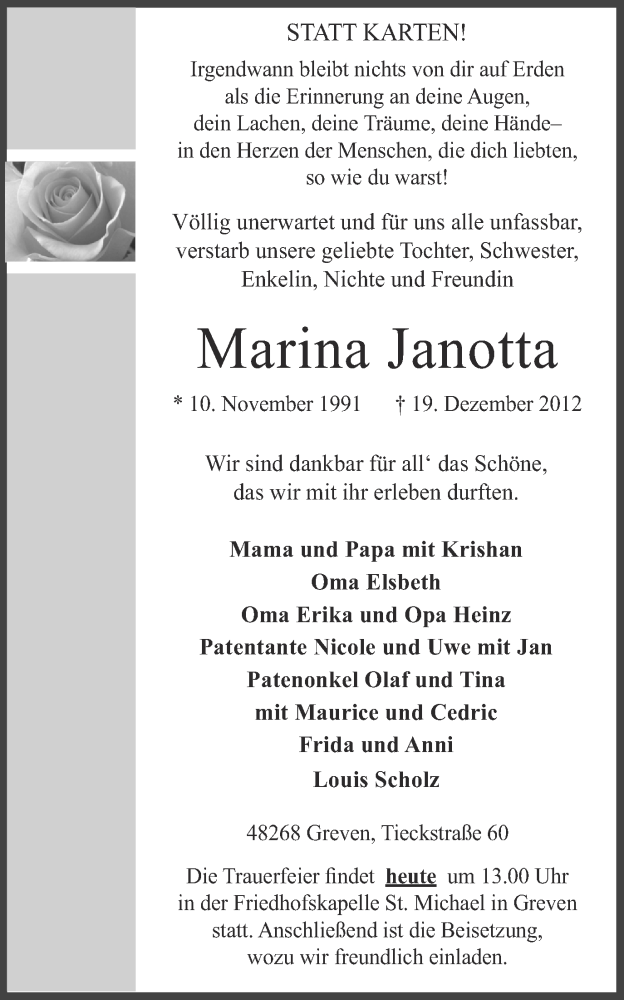  Traueranzeige für Marina Janotta vom 21.12.2012 aus Münstersche Zeitung und Grevener Zeitung