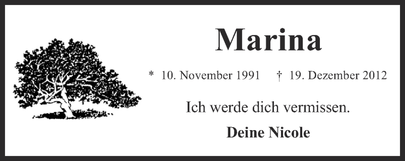  Traueranzeige für Marina Janotta vom 21.12.2012 aus Münstersche Zeitung und Grevener Zeitung