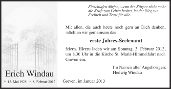 Anzeige von Erich Windau von Münstersche Zeitung und Grevener Zeitung