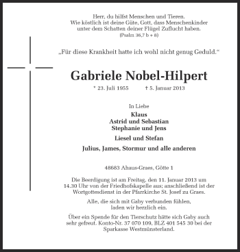 Anzeige von Gabriele Nobel-Hilpert von Münstersche Zeitung und Münsterland Zeitung