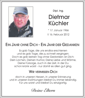 Anzeige von Küchler Dietmar von Münstersche Zeitung und Münsterland Zeitung