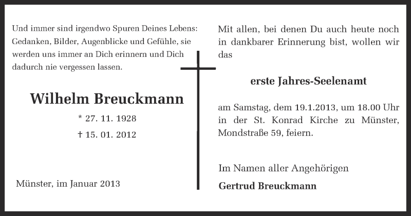  Traueranzeige für Wilhelm Breuckmann vom 16.01.2013 aus Münstersche Zeitung und Grevener Zeitung