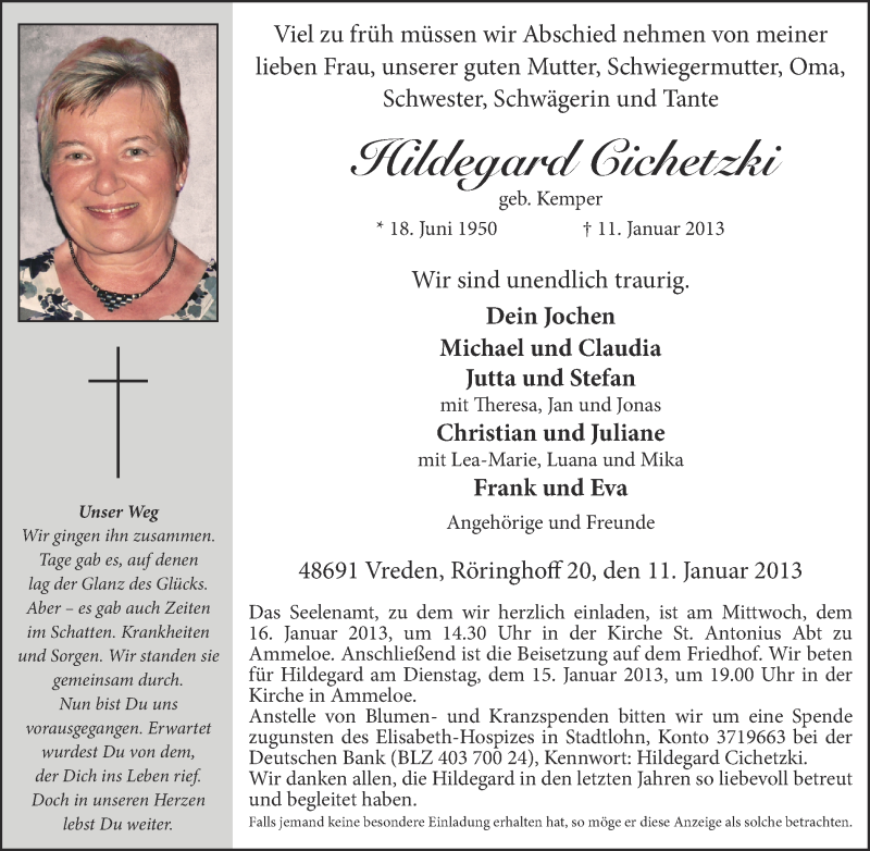  Traueranzeige für Hildegard Cichetzki vom 12.01.2013 aus Münstersche Zeitung und Münsterland Zeitung
