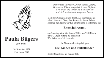 Anzeige von Bügers Paula von Münstersche Zeitung und Münsterland Zeitung
