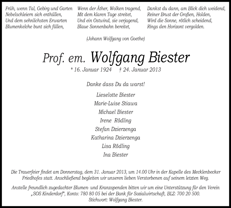  Traueranzeige für Wolfgang Biester vom 29.01.2013 aus Münstersche Zeitung und Grevener Zeitung