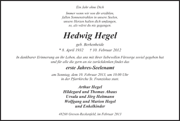 Anzeige von Hedwig Hegel von Münstersche Zeitung und Grevener Zeitung