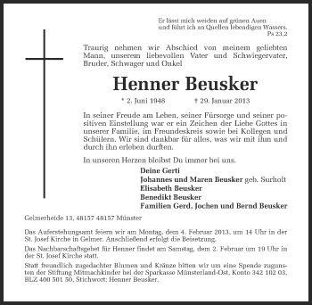 Anzeige von Henner Beusker von Münstersche Zeitung und Grevener Zeitung