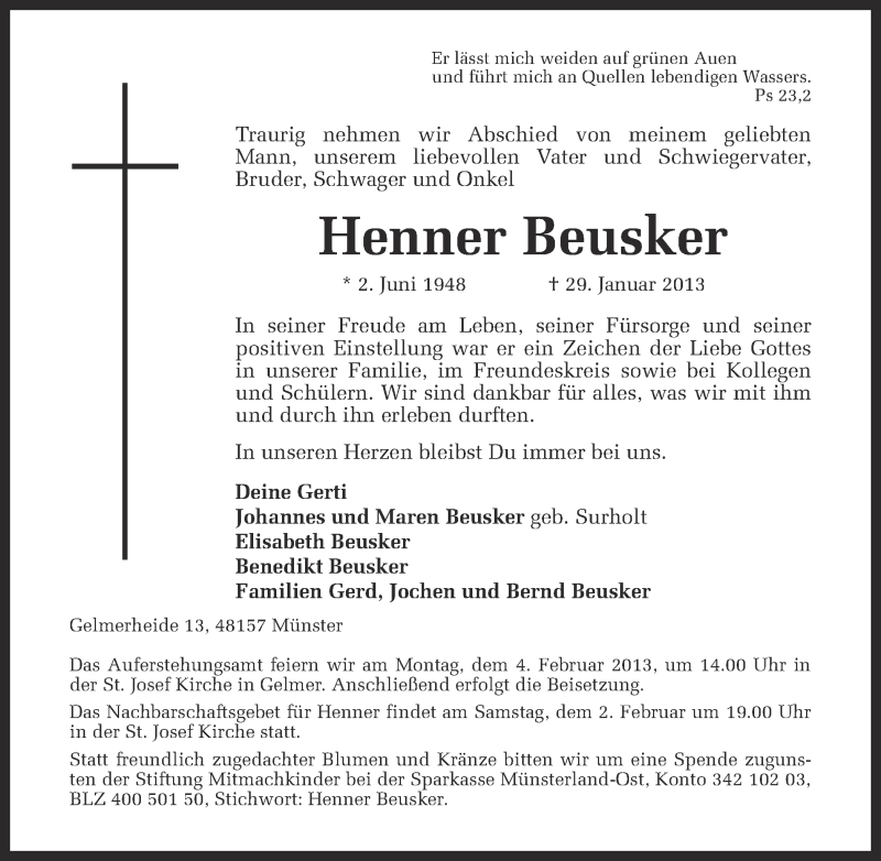  Traueranzeige für Henner Beusker vom 02.02.2013 aus Münstersche Zeitung und Grevener Zeitung