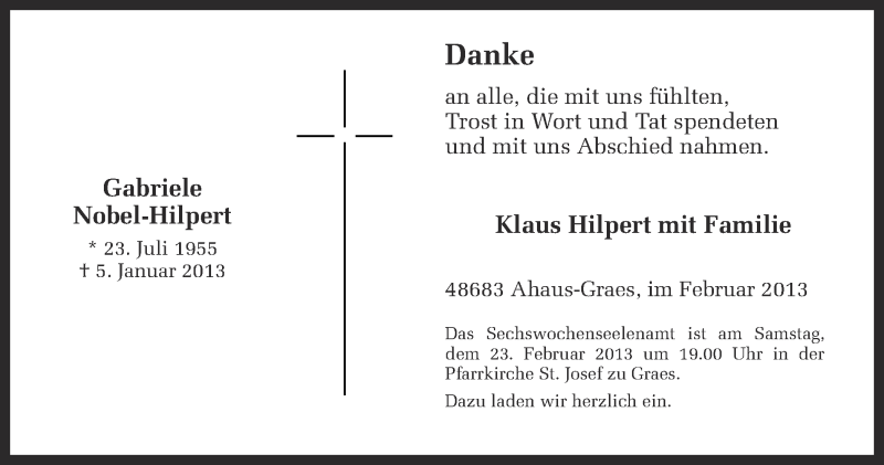  Traueranzeige für Gabriele Nobel-Hilpert vom 20.02.2013 aus 
