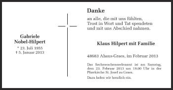 Anzeige von Gabriele Nobel-Hilpert 