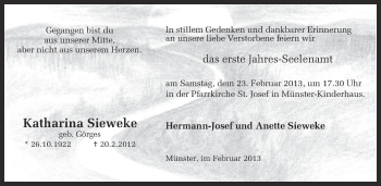 Anzeige von Katharina Sieweke von Münstersche Zeitung und Grevener Zeitung