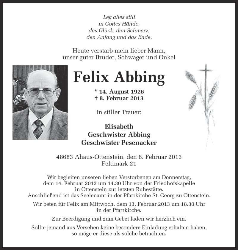  Traueranzeige für Felix Abbing vom 09.02.2013 aus Münstersche Zeitung und Münsterland Zeitung