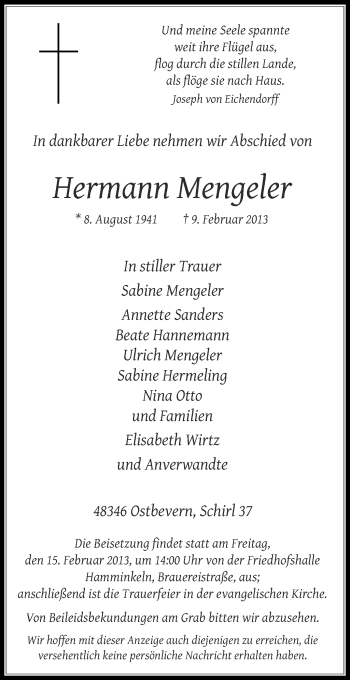 Anzeige von Mengeler Hermann von Münstersche Zeitung und Grevener Zeitung