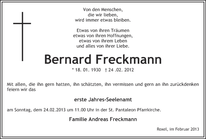  Traueranzeige für Bernhard Freckmann vom 16.02.2013 aus Münstersche Zeitung und Grevener Zeitung