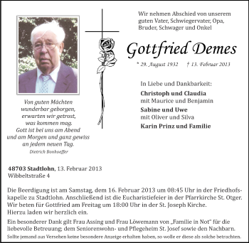 Anzeige von Gottfried Demes von Münstersche Zeitung und Münsterland Zeitung