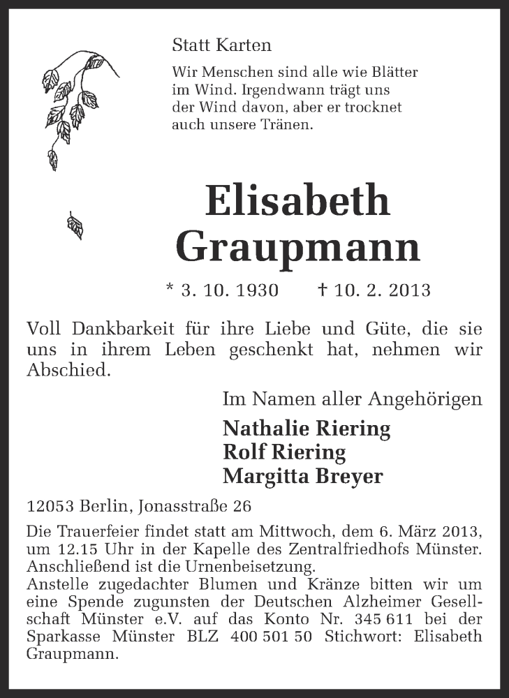  Traueranzeige für Elisabeth Graupmann vom 01.03.2013 aus Münstersche Zeitung und Grevener Zeitung