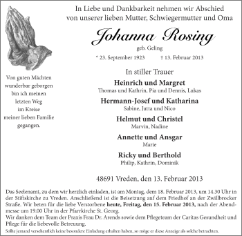 Anzeige von Johanna Rosing von Münstersche Zeitung und Münsterland Zeitung