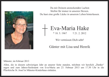 Anzeige von Eva-Maria Hake von Münstersche Zeitung und Grevener Zeitung
