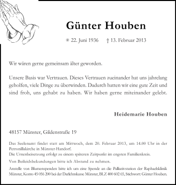 Anzeige von Günter Houben von Münstersche Zeitung und Grevener Zeitung