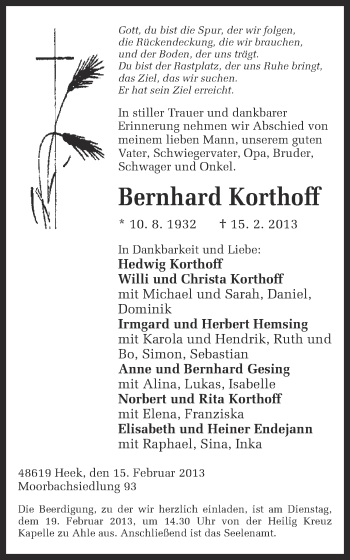 Anzeige von Bernhard Korthoff von Münstersche Zeitung und Münsterland Zeitung