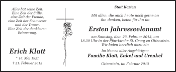 Anzeige von Erich Klatt von Münstersche Zeitung und Münsterland Zeitung