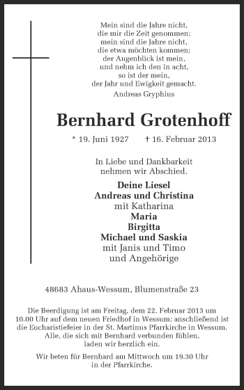 Anzeige von Bernhard Grotenhoff von Münstersche Zeitung und Münsterland Zeitung