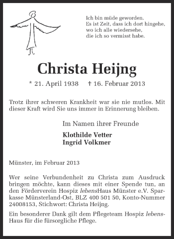 Anzeige von Christa Heijng von Münstersche Zeitung und Grevener Zeitung
