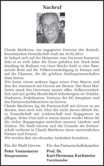 Anzeige von Claude Matthews von Münstersche Zeitung und Grevener Zeitung