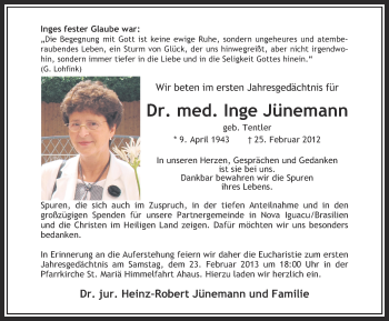 Anzeige von Inge Jünemann von Münstersche Zeitung und Münsterland Zeitung