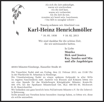Anzeige von Karl-Heinz Henrichmöller von Münstersche Zeitung und Grevener Zeitung