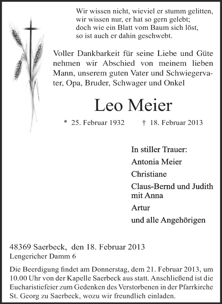 Traueranzeige für Leo Meier vom 20.02.2013 aus Münstersche Zeitung und Grevener Zeitung