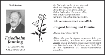 Anzeige von Friedhelm Janning von Münstersche Zeitung und Münsterland Zeitung
