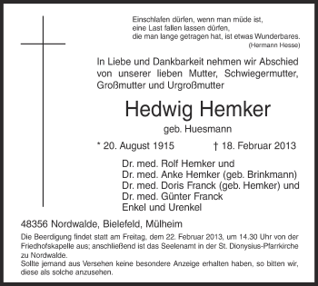 Anzeige von Hedwig Hemker von Münstersche Zeitung und Grevener Zeitung