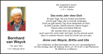 Anzeige von Bernhard van Weyck von Münstersche Zeitung und Münsterland Zeitung