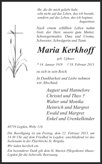 Anzeige von Maria Kerkhoff von Münstersche Zeitung und Münsterland Zeitung