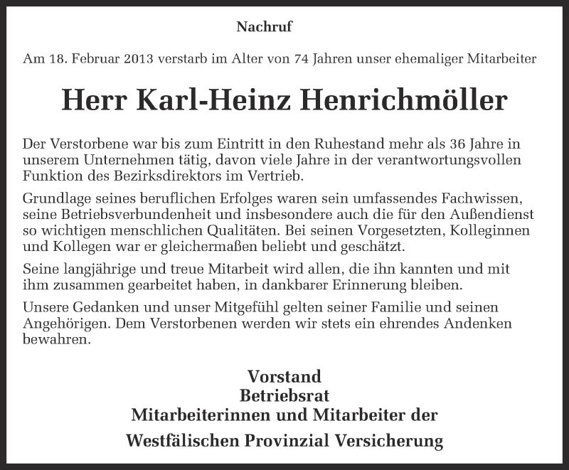  Traueranzeige für Karl-Heinz Heinrichmöller vom 21.02.2013 aus Münstersche Zeitung und Grevener Zeitung