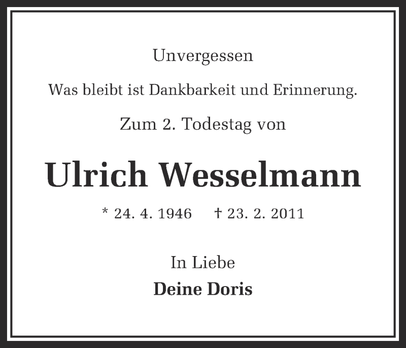  Traueranzeige für Ulrich Wesselmann vom 23.02.2013 aus Münstersche Zeitung und Grevener Zeitung