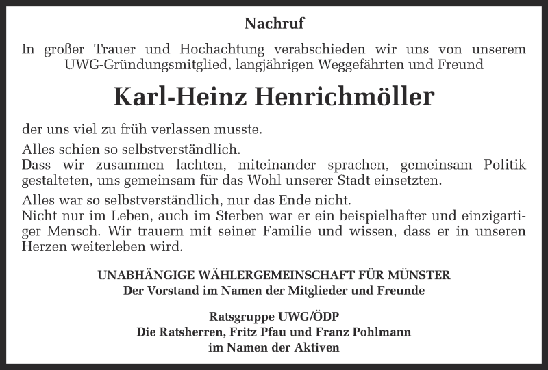  Traueranzeige für Karl-Heinz Henrichmöller vom 23.02.2013 aus Münstersche Zeitung und Grevener Zeitung