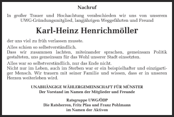 Anzeige von Karl-Heinz Henrichmöller von Münstersche Zeitung und Grevener Zeitung